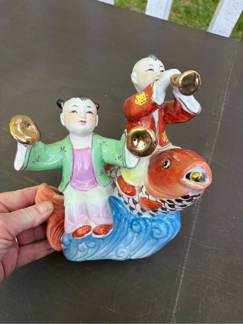 Vintage Chinese Porcelain Figurines on Koi Fish Playing Cymbols and Trumpet